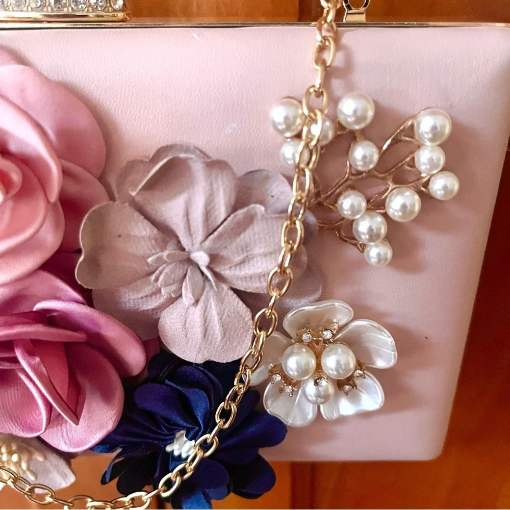 Elegant Floral & Pearl & Crystal Embellished Evening Clutch & Crossbody Bag